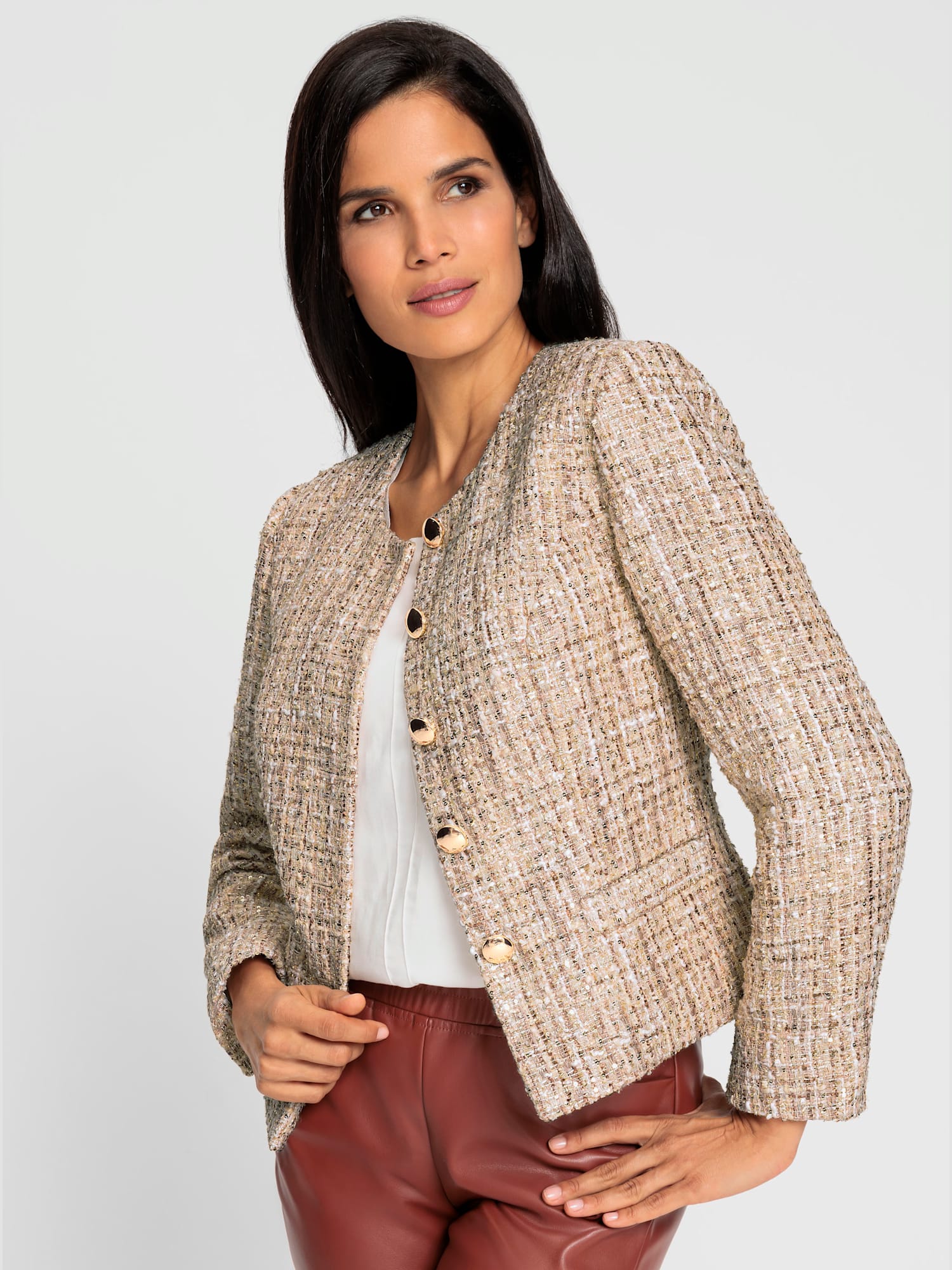 Blazer fil bouclé à paillettes, couleur couleur ivoire, taille 44, marque Ashley Brooke - helline