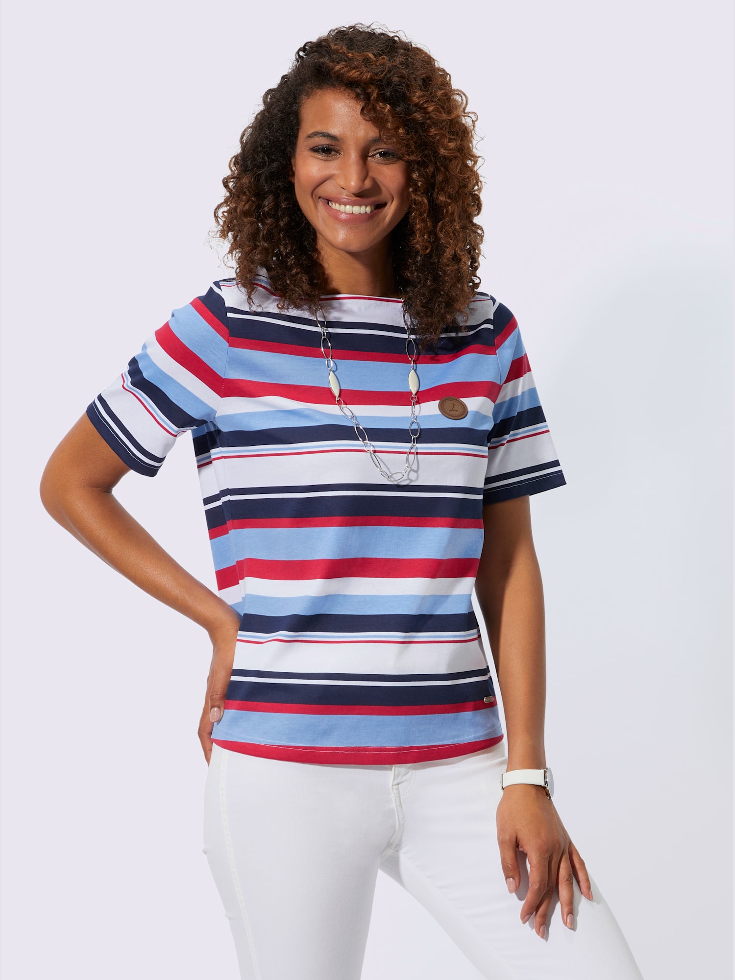 T-shirt rayé encolure en u féminine, couleur bleu, taille 52, marque Collection L - Witt