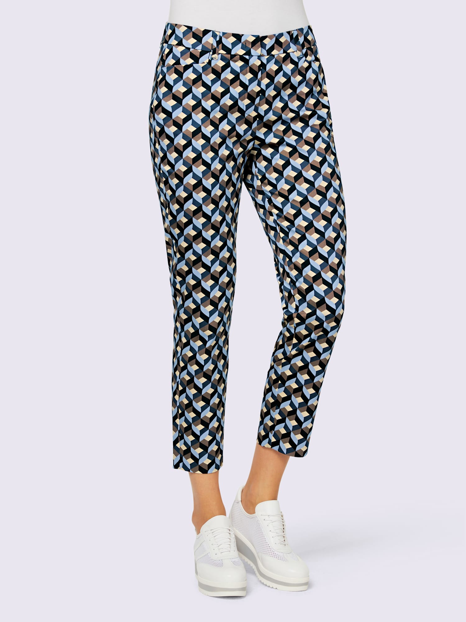 Pantalon 7/8 superbe motif graphique, couleur bleu, taille 48, marque Rick Cardona - helline
