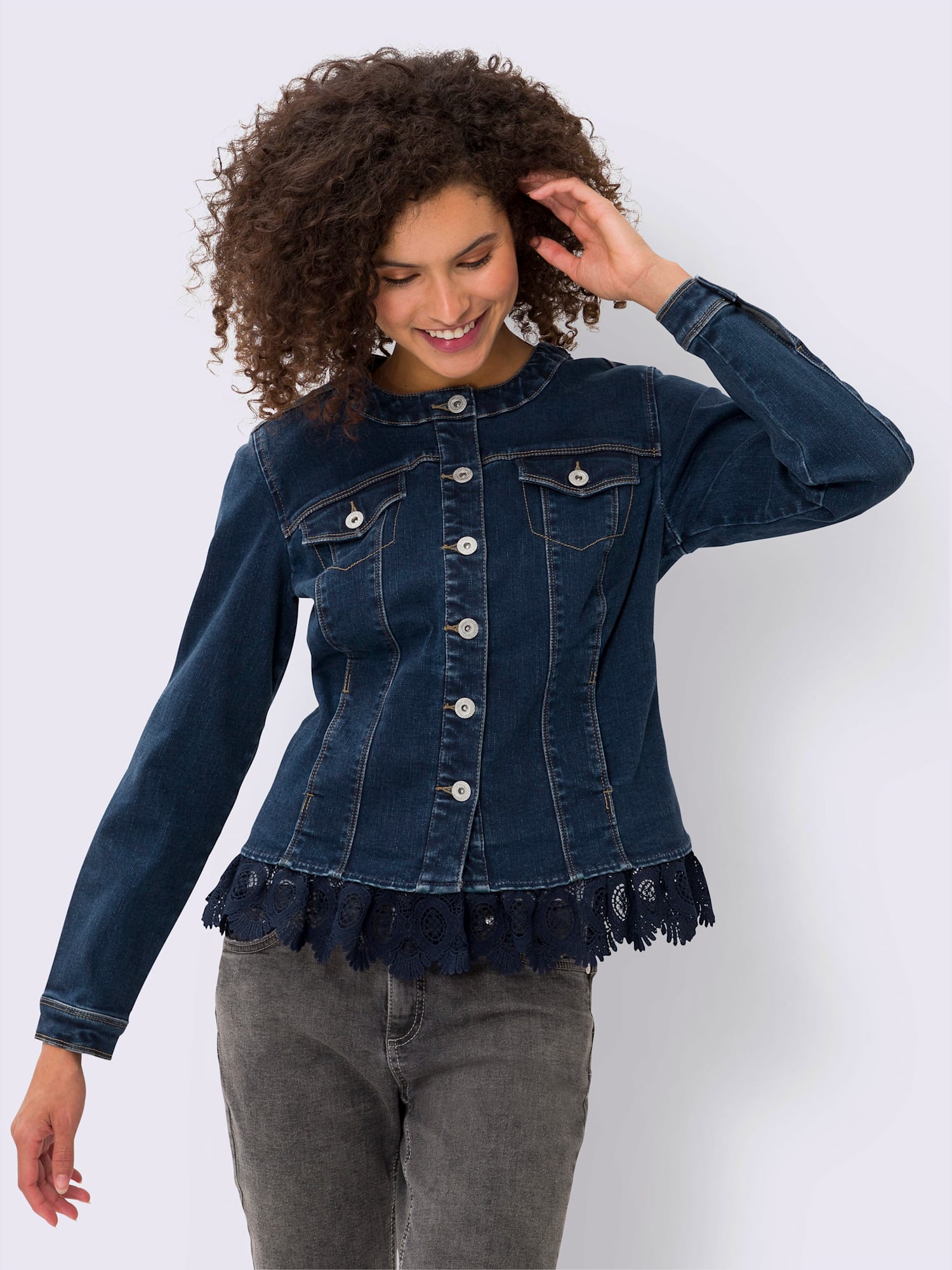 Blazer en jean bordure en dentelle à l’ourlet, couleur bleu, taille 44, marque Linea Tesini - helline