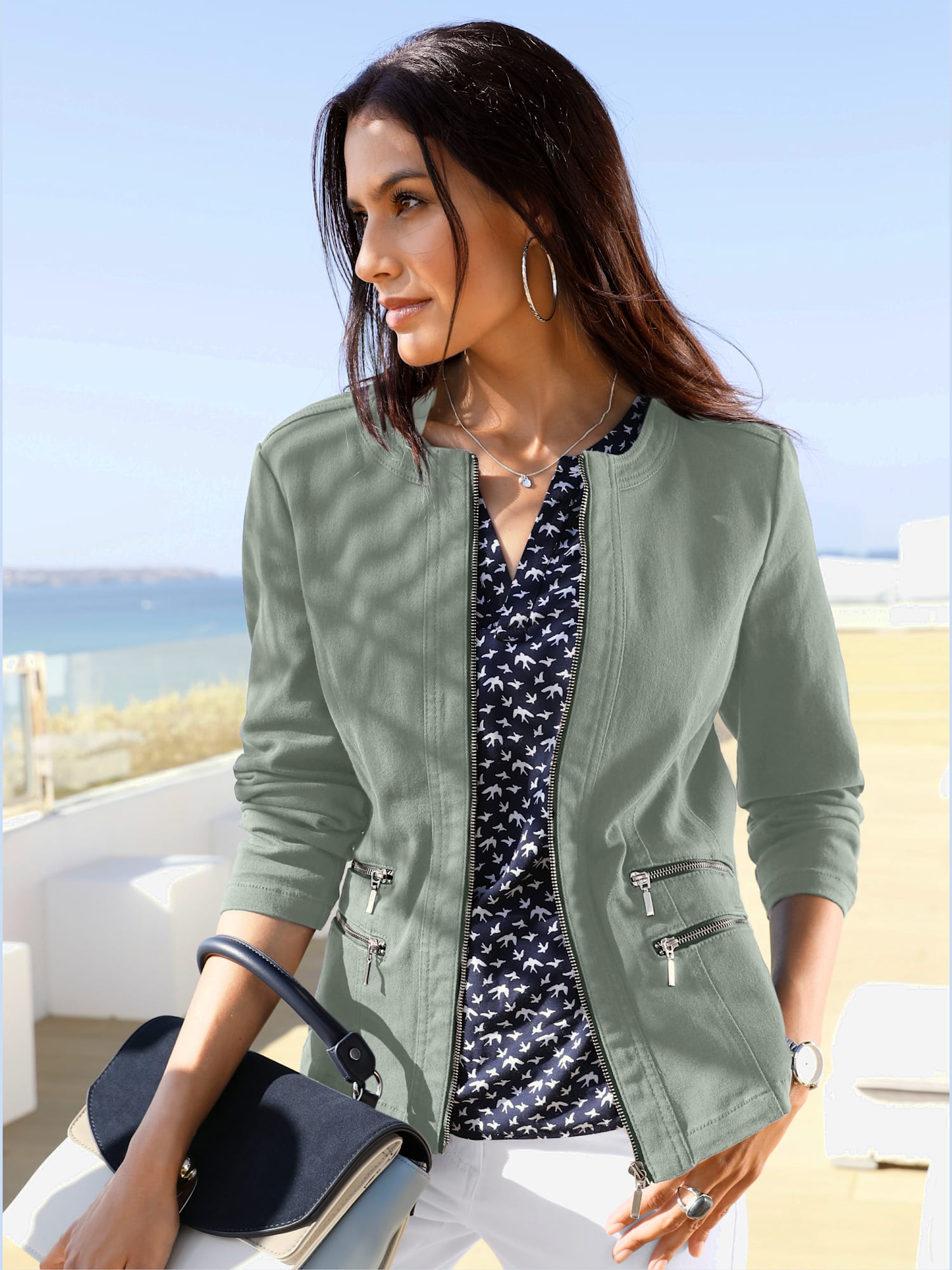 Blazer aspect jean 2 glissières fantaisie poches, couleur vert, taille 38 - helline