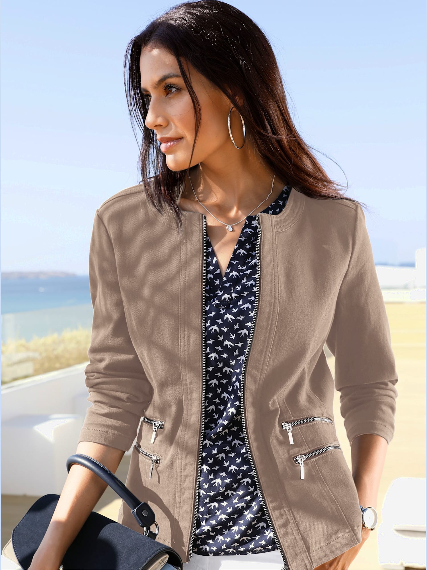 Blazer aspect jean 2 glissières fantaisie poches, couleur marron, taille 44 - helline