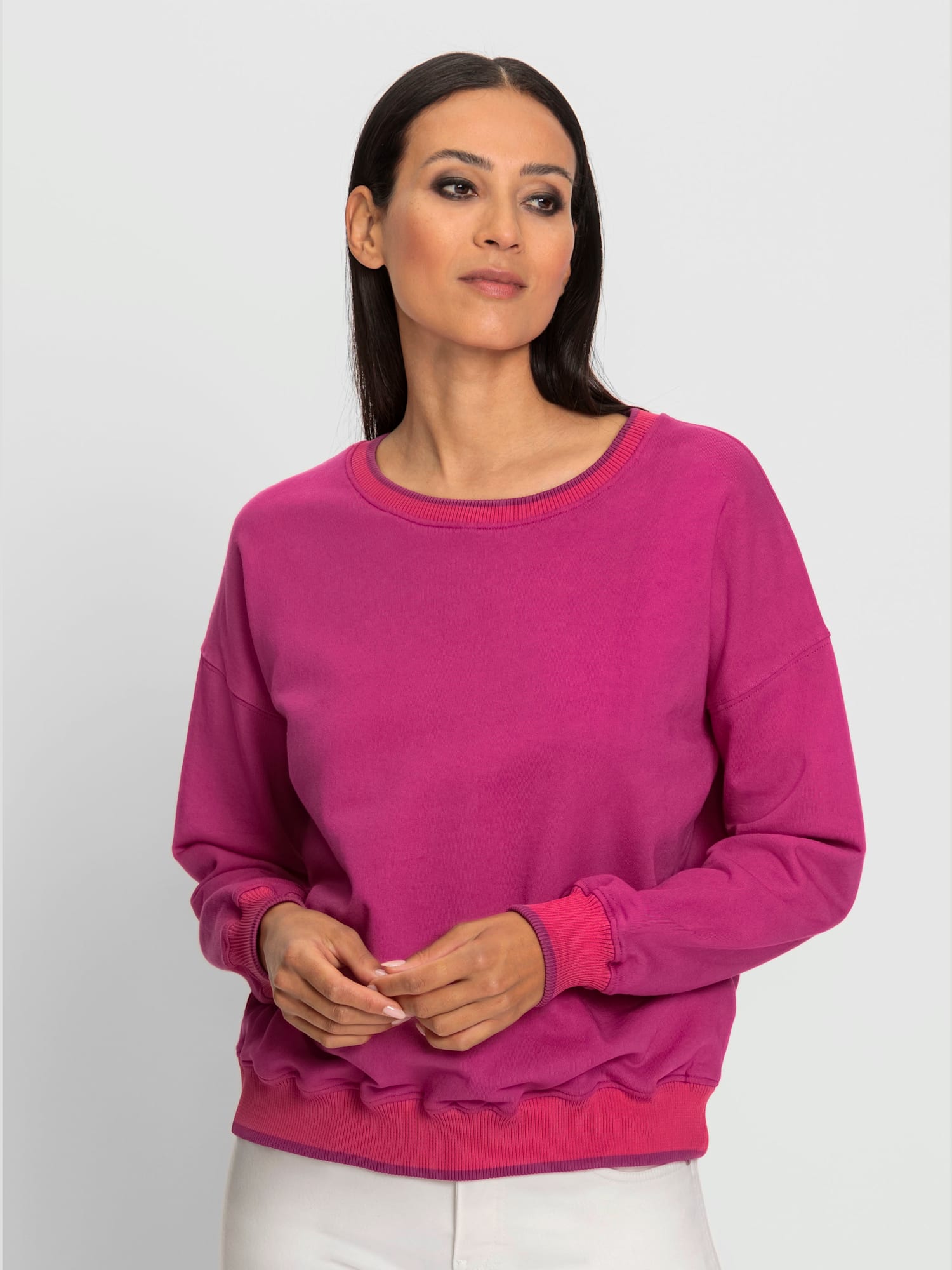 Sweatshirt passepoils contrastés tendance, couleur rose, taille 44, marque Rick Cardona - helline