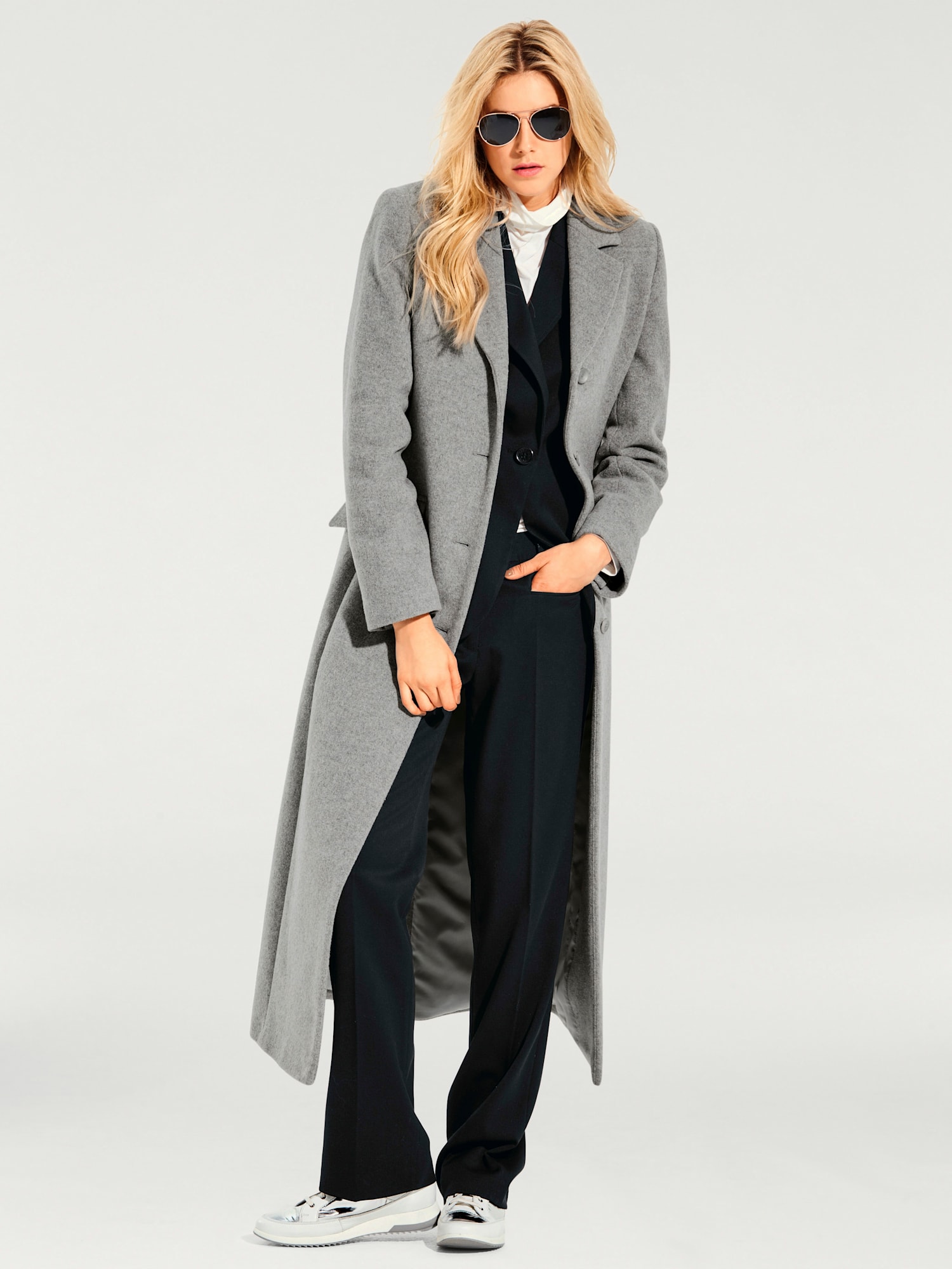 Manteau coupe longue classique, couleur gris, taille 44, marque Linea Tesini - helline