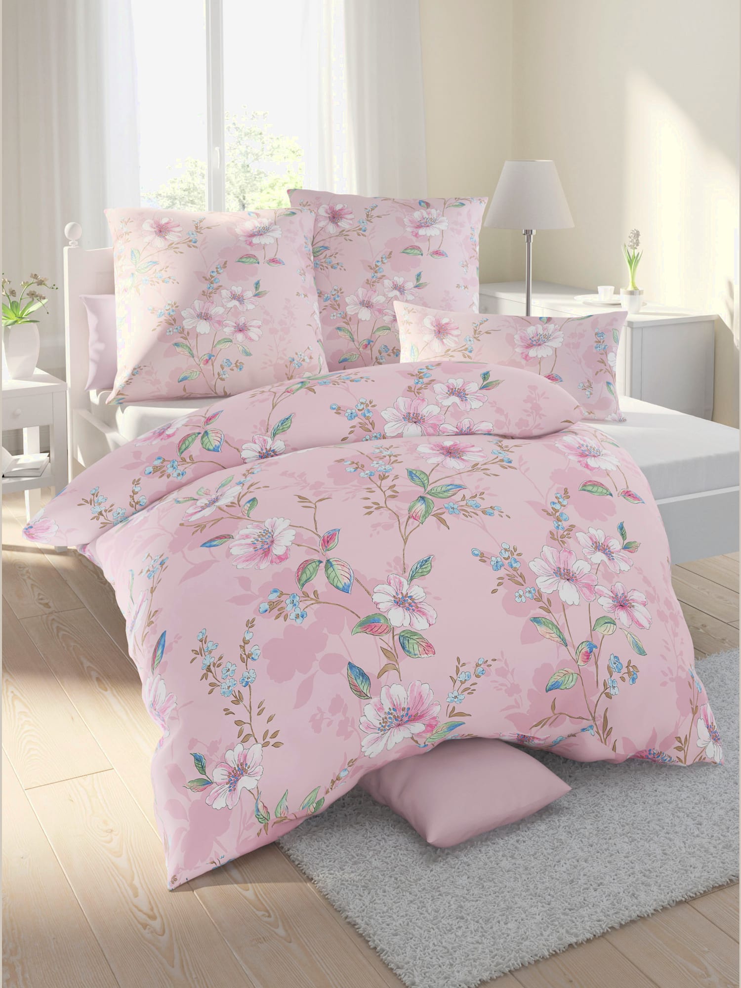 Linge de lit seersucker à repassage superflu, couleur rose, taille 80x80/155x200 cm, marque Biberna - helline
