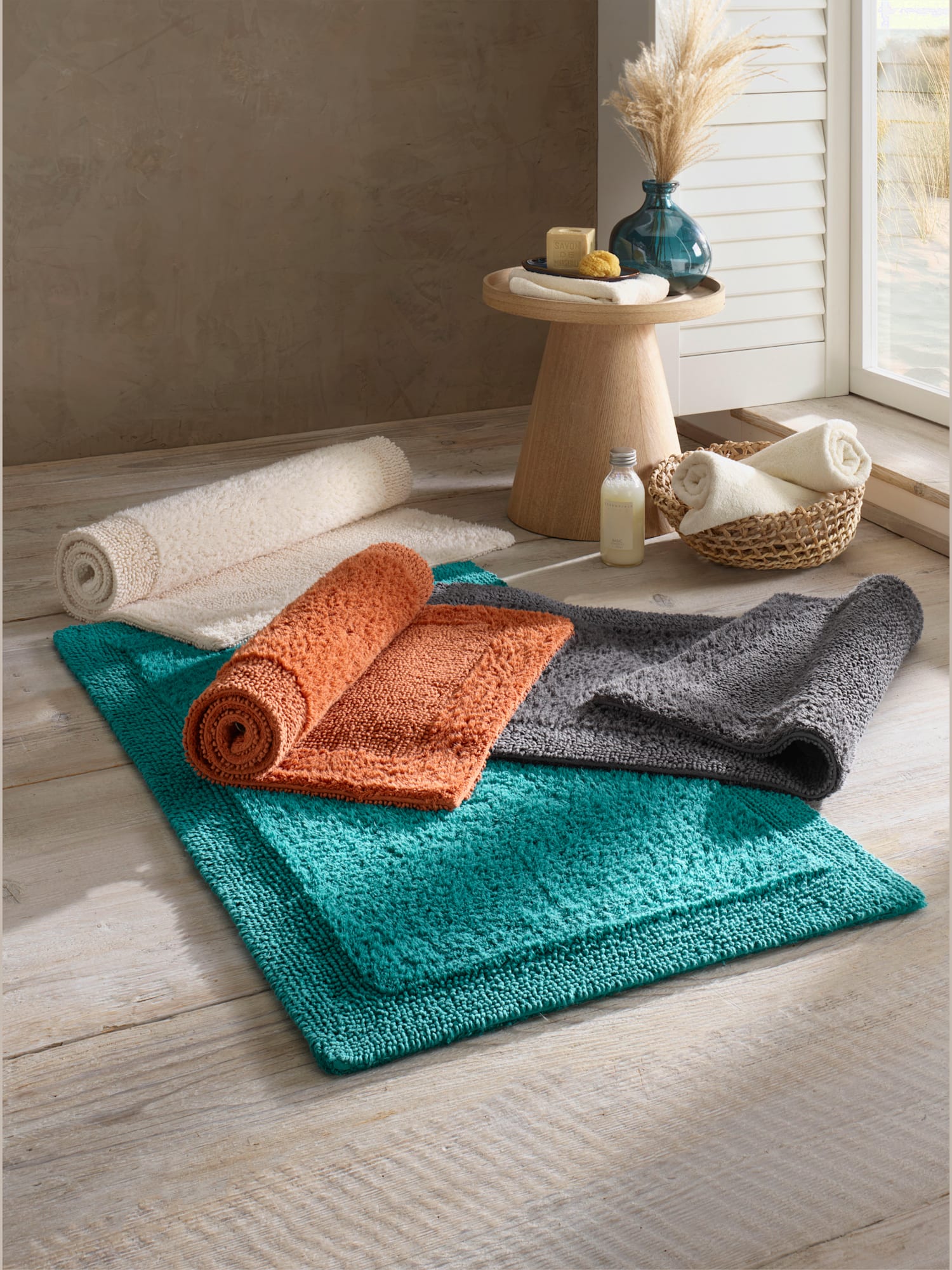 Tapis de bain pur coton, bleu turquoise foncé uni, taille 50x80 cm, helline home - helline