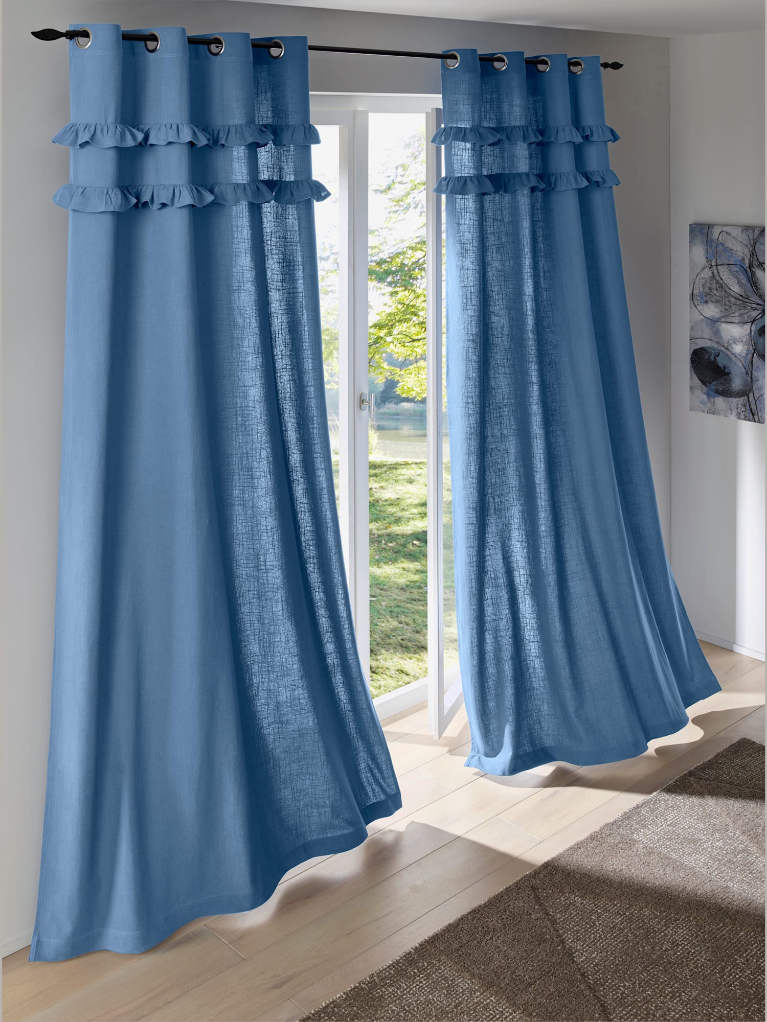 Rideau bavolet de qualité, Bande multifonction, couleur : bleu foncé uni, taille 145x130 cm, marque helline home, 100% coton - helline