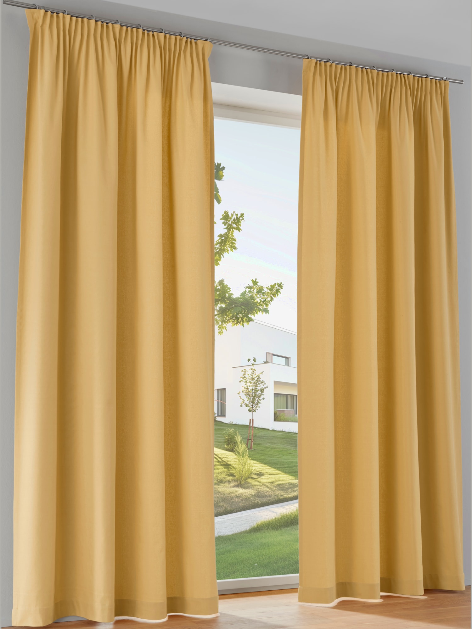 Rideau, bande en U, couleur : jaune moyen uni, taille 145x140 cm, marque helline home, 100% coton - helline
