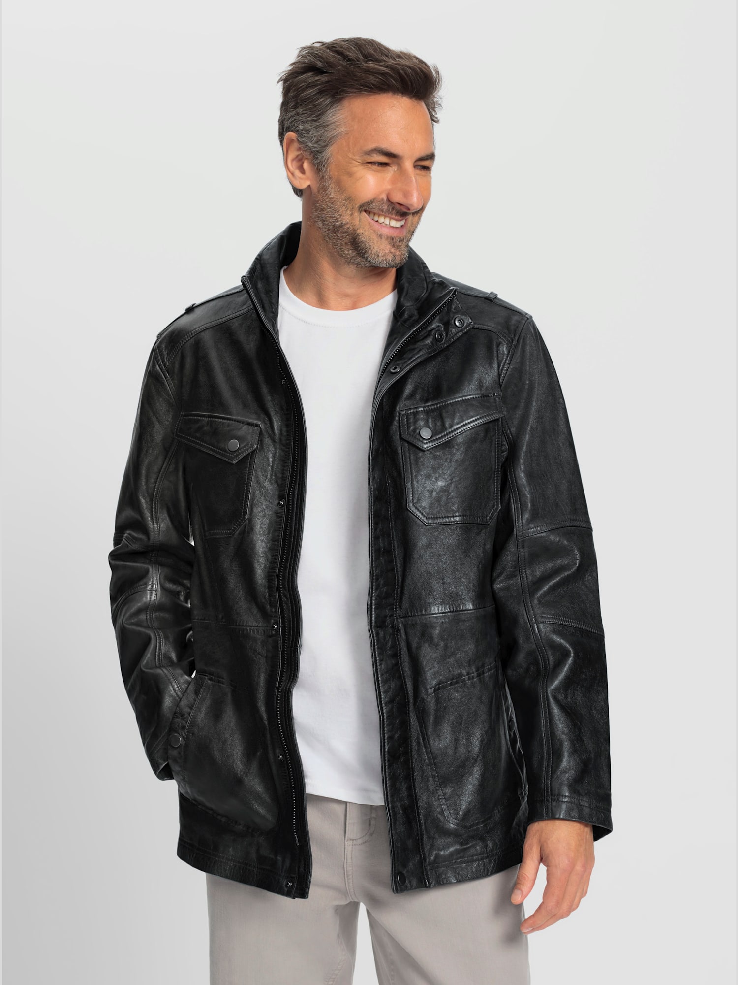 Veste en cuir look sportif, couleur gris, taille 60, marque Marco Donati - Witt