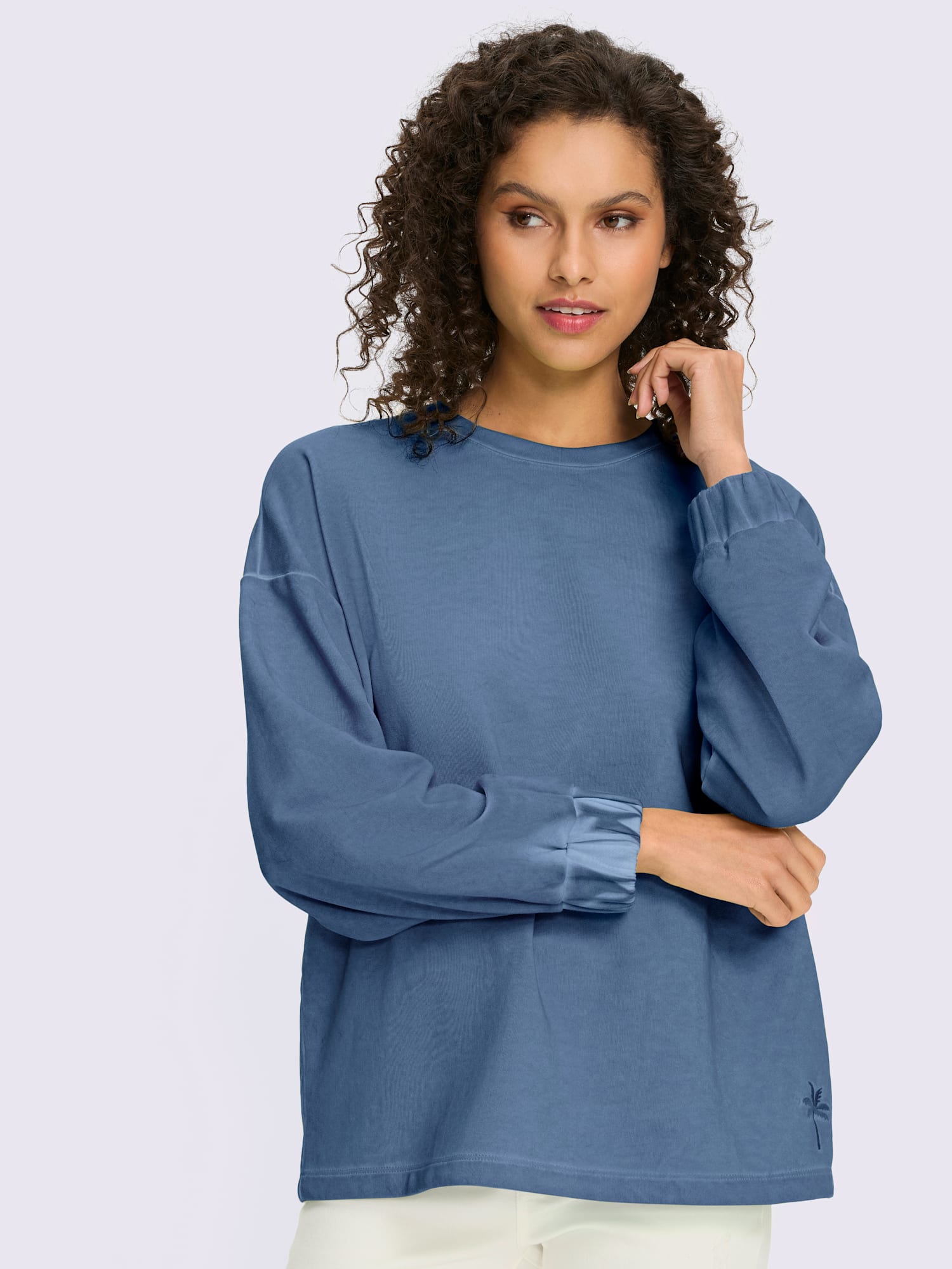 Sweatshirt avec encolure ronde et manches à bords-côtes, couleur : bleu foncé uni, taille 36, marque Linea Tesini, 82% coton;18% polyester - helline