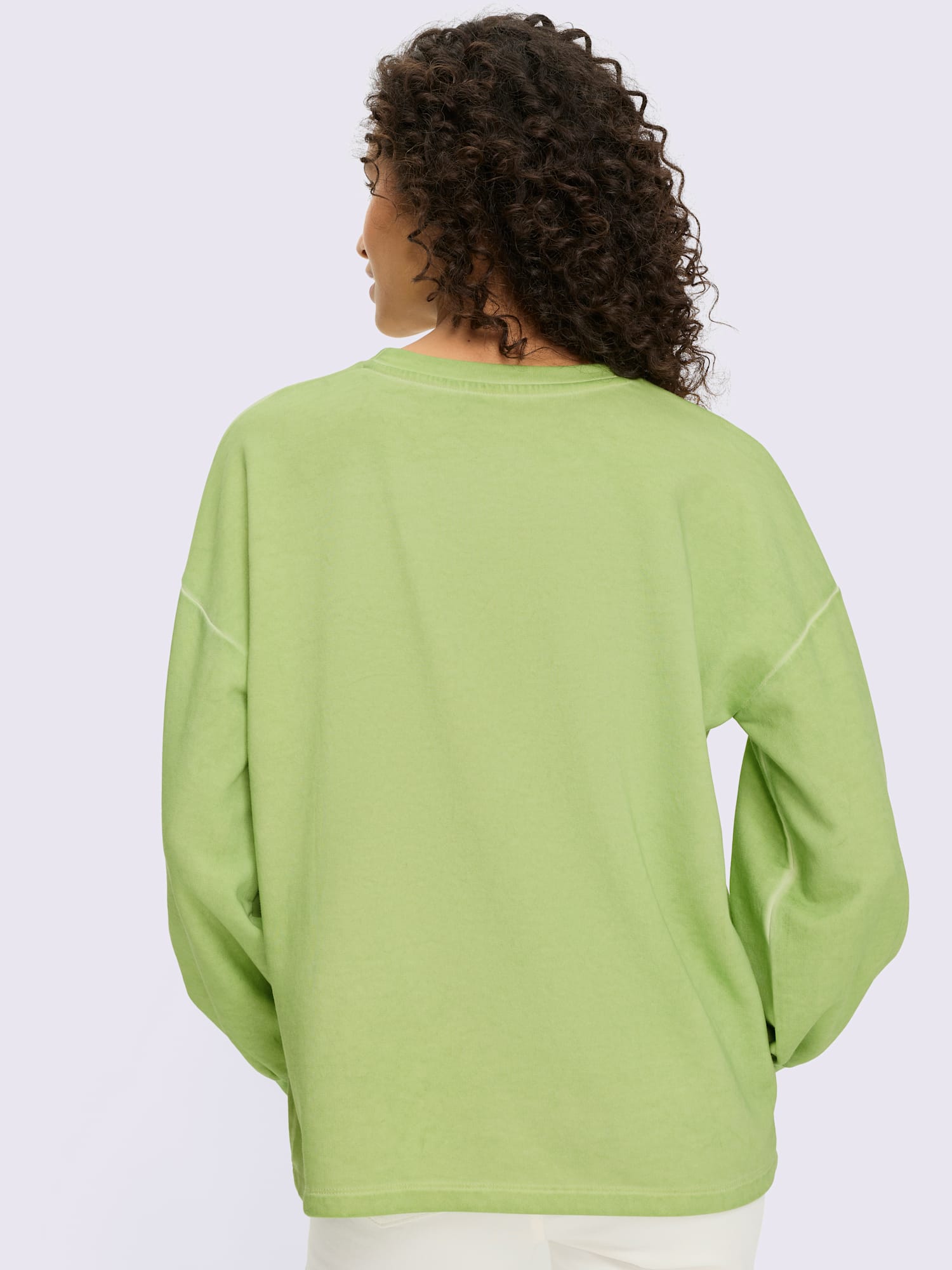 Sweatshirt effet délavé avec encolure ronde et manches à bords-côtes, couleur : vert clair uni, taille 38, marque Linea Tesini, 82% coton;18%