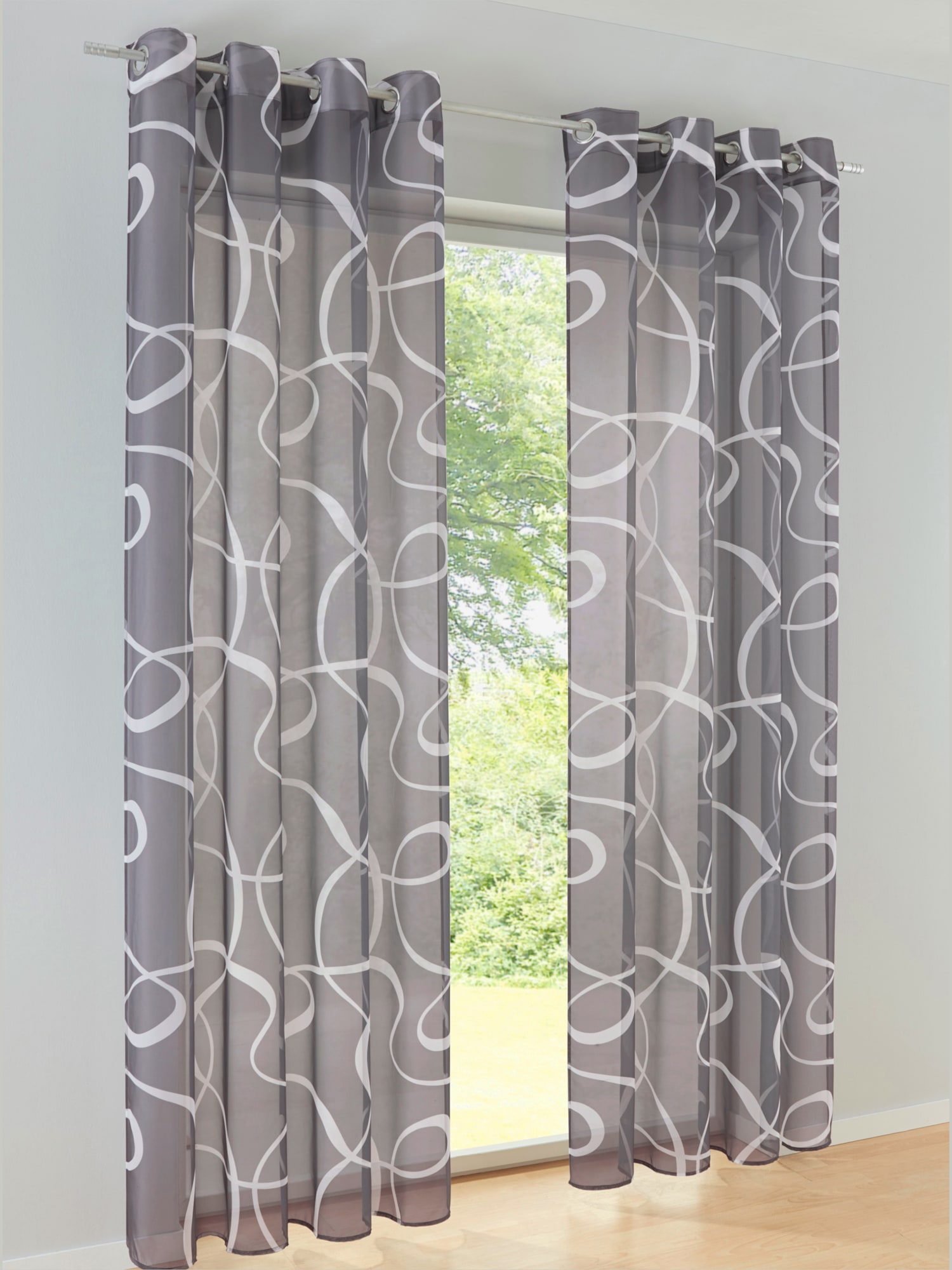 Rideaux, Cordon universel, gris moyen à motifs, taille 245x140 cm, helline home - helline
