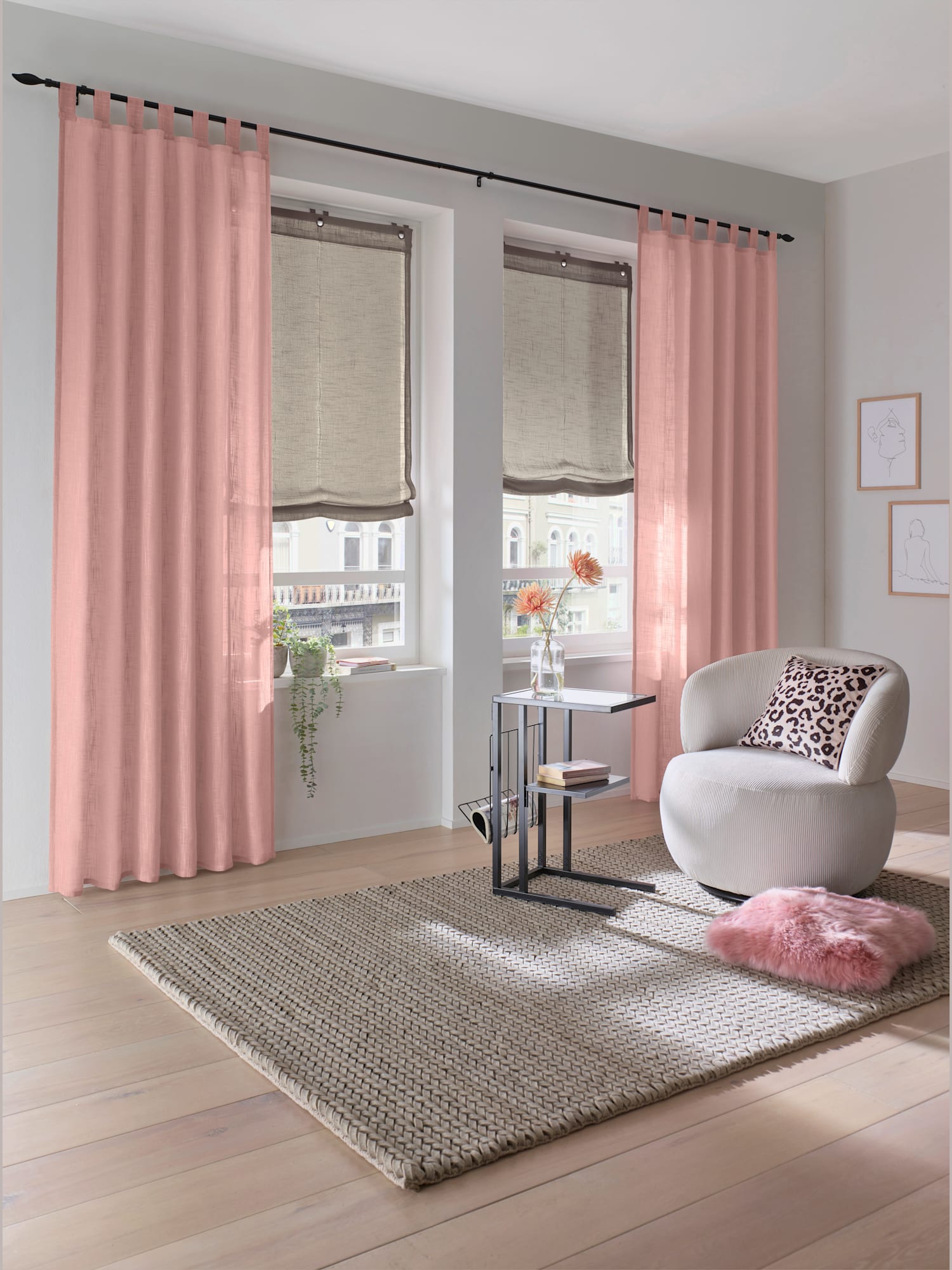 Rideaux, Passants, couleur : rose clair uni, taille 225x140 cm, marque helline home, 100% polyester - helline