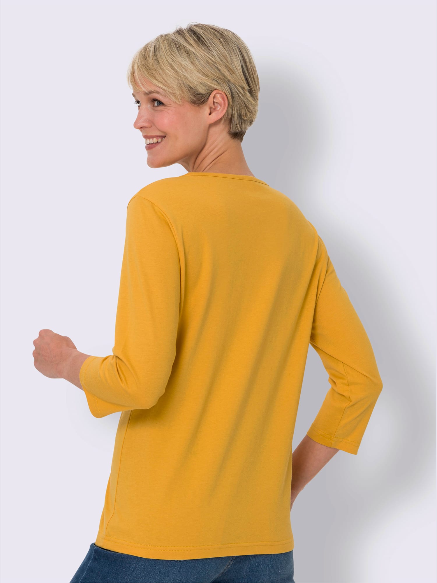 T-shirt à manches 3/4 petites pierres fantaisie sur l'encolure, couleur jaune, taille 50 - Witt