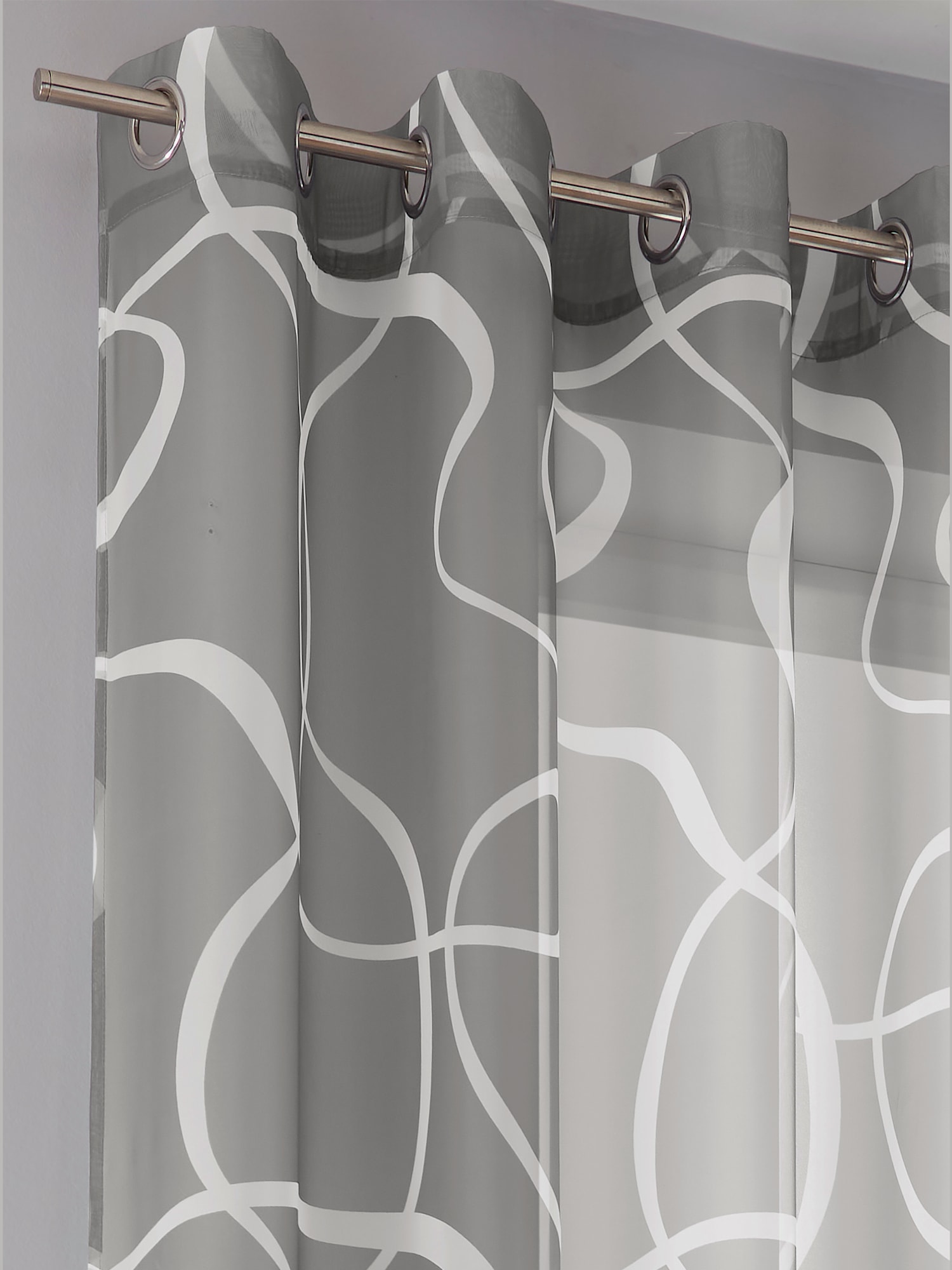 Rideaux motif imprimé, Œillets, couleur : gris moyen à motifs, taille 225x270 cm, marque helline home, 100% polyester - helline