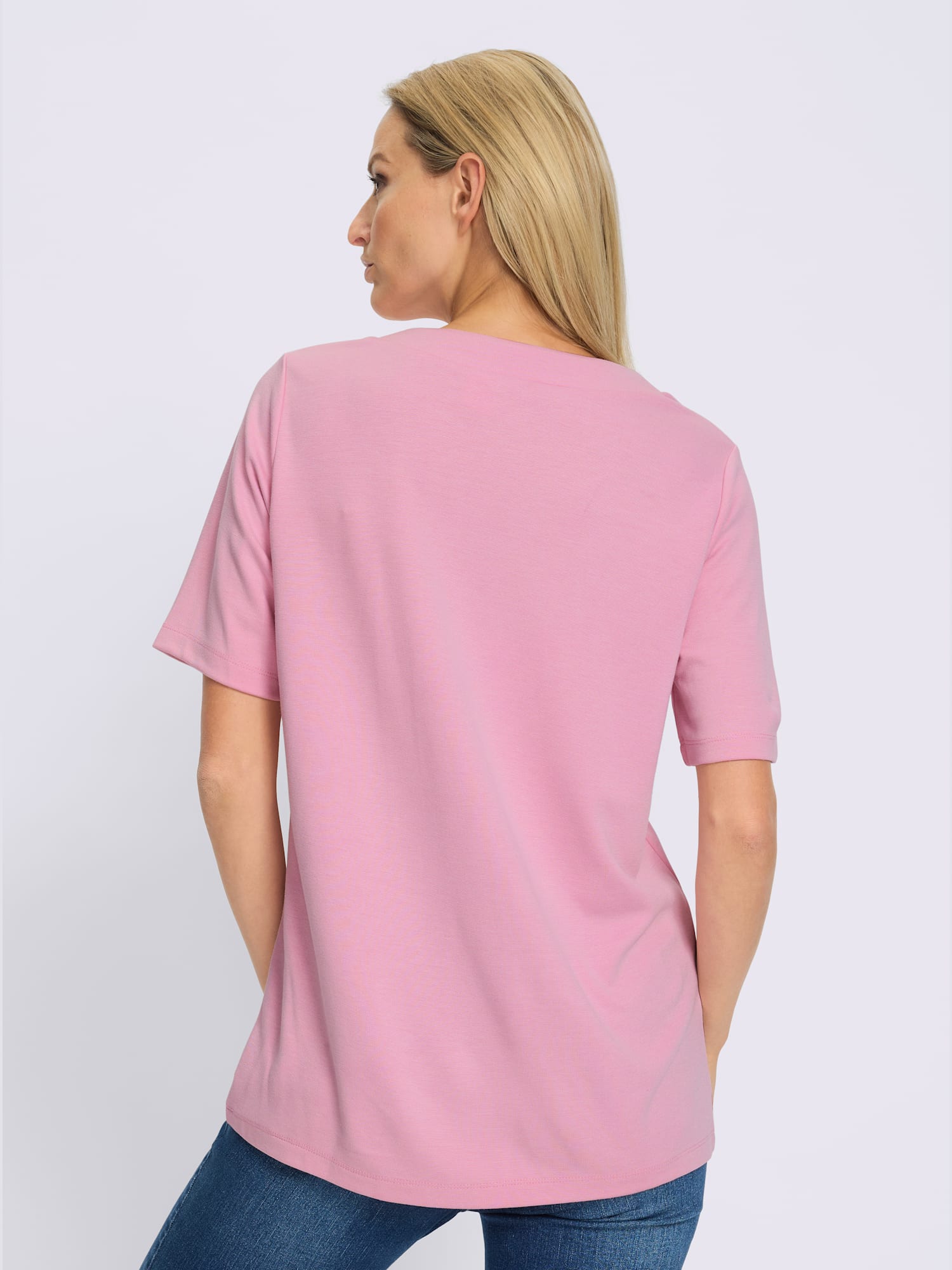 Sweatshirt sportif à manches courtes avec imprimé inspirant et col rond, couleur : rose clair uni, taille 42, marque Rick Cardona, 72% viscose;20%
