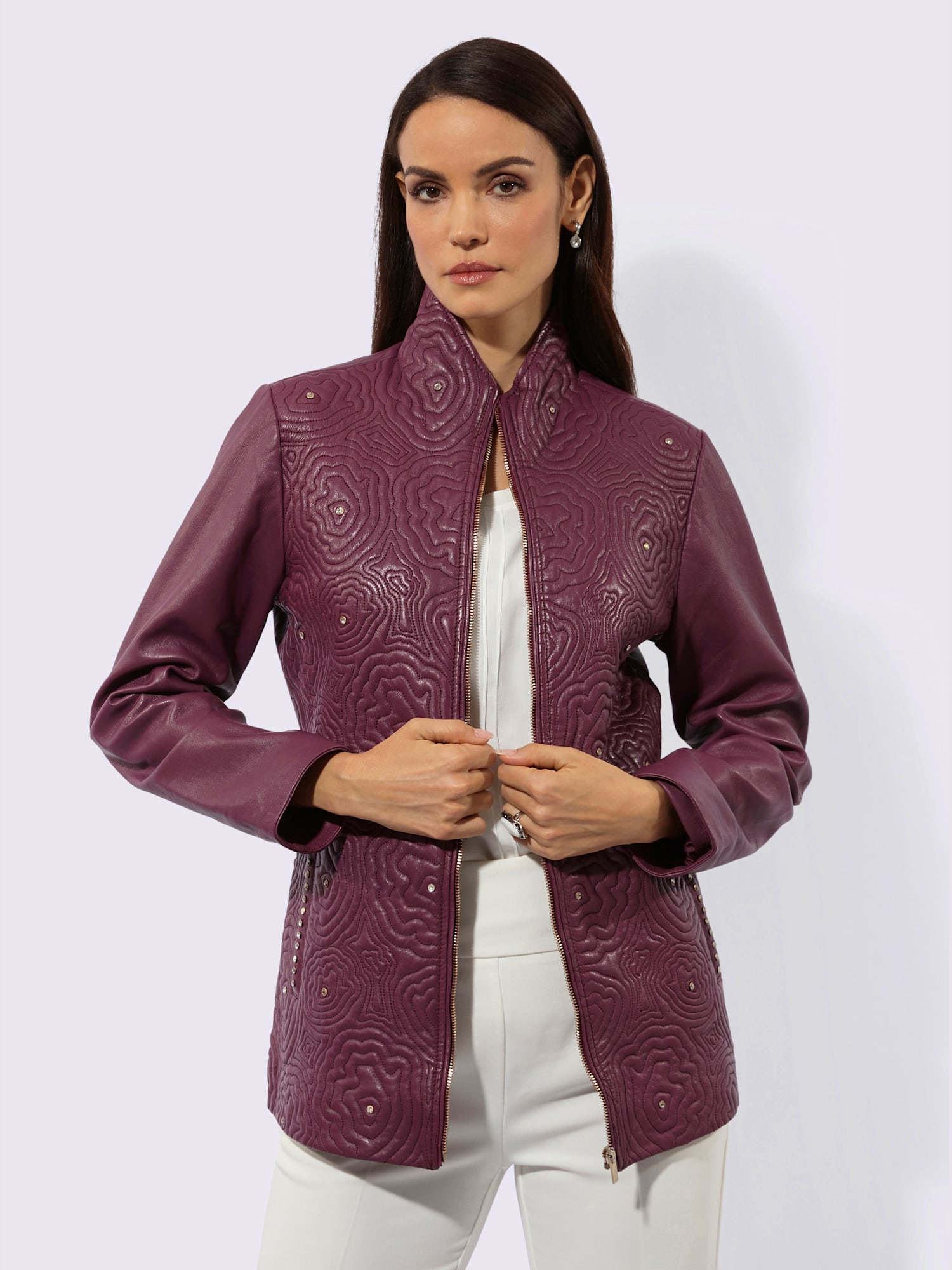 Veste en cuir nappa avec col montant et poches décoratives, rouge foncé uni, taille 52, Creation L - helline