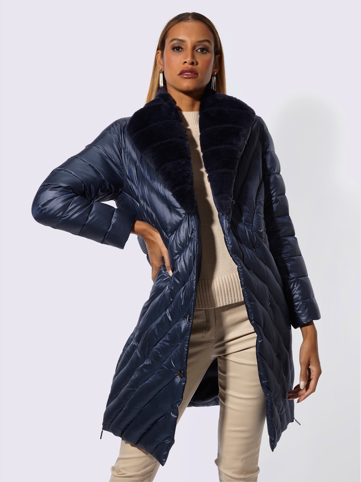 Manteau en duvet très confortable, bleu foncé uni, taille 50, Creation L - helline