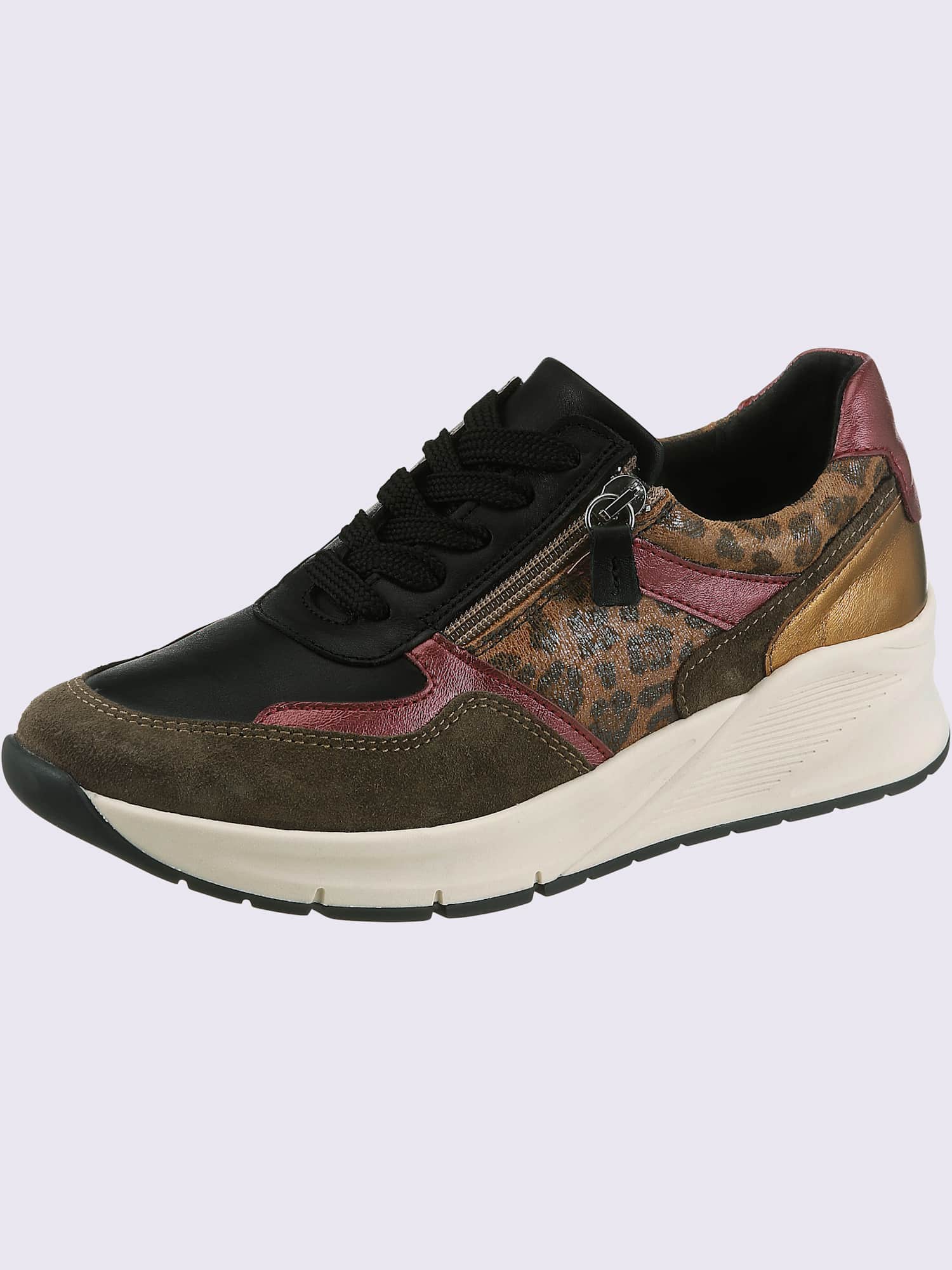 Baskets mélange de cuir velours vachette, synthétique et textile, vert olive foncé à motifs, taille 38 - helline