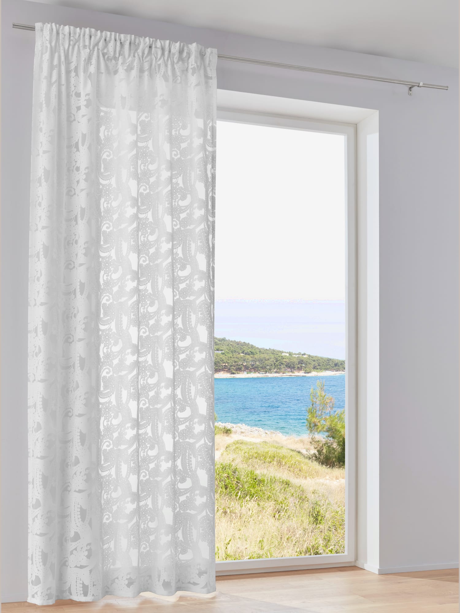 Rideaux superbe qualité dévorée, Bande multifonction, couleur : blanc uni, taille 145x135 cm, marque helline home, 66% viscose;34% polyester - helline
