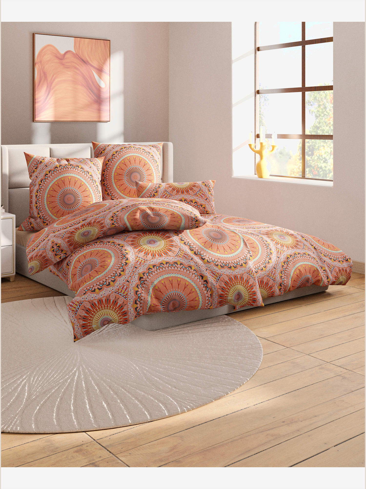 Linge de lit renforcé lisse, Flanelle fine, orange moyen à motifs, taille 80x80/155x220 cm, wäschepur - helline