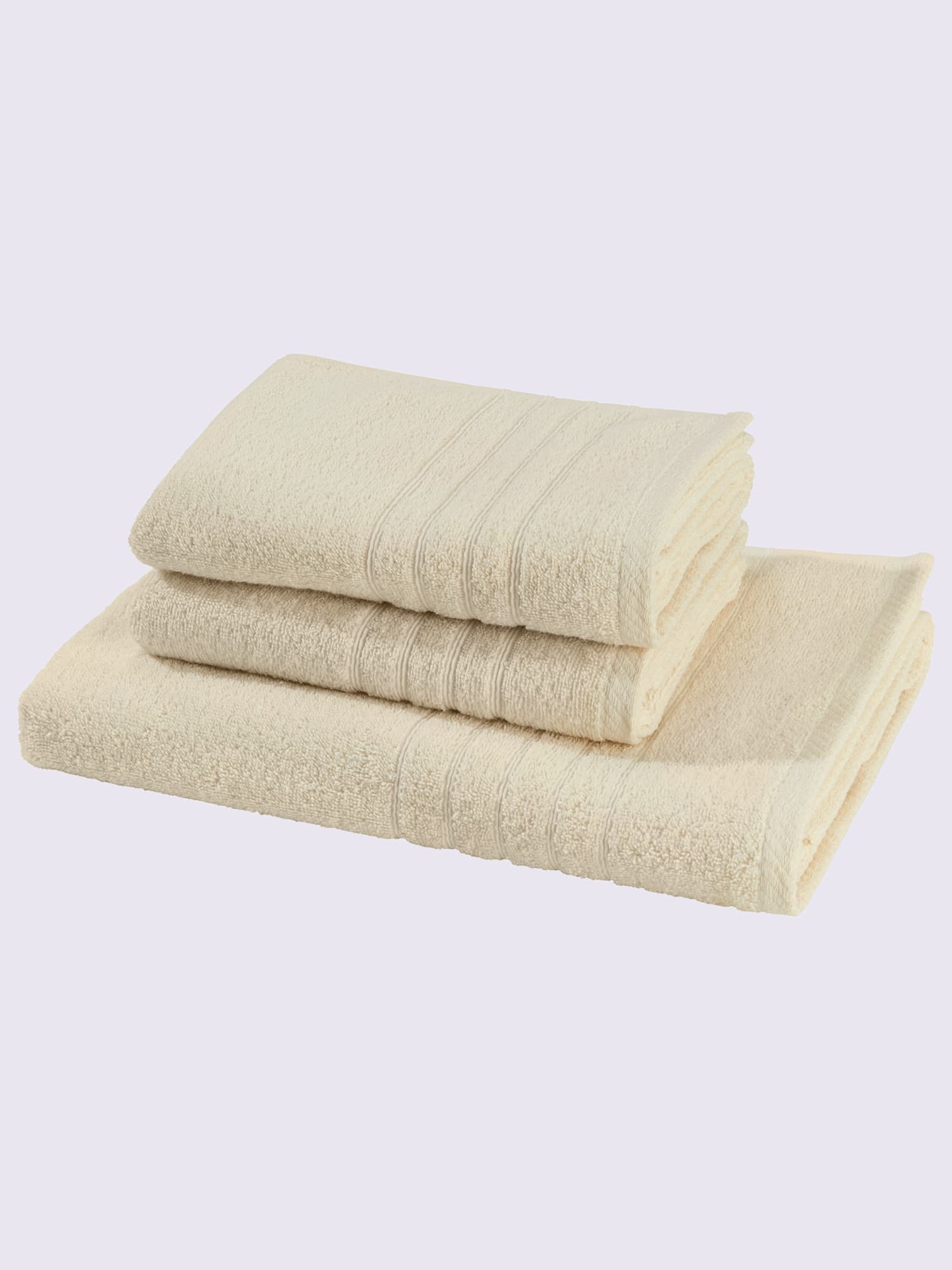 Serviette, Lot économique 3 pièces : 2 serviettes, 1 Serviette de douche, couleur : couleur ivoire clair uni, taille 0, marque wäschepur, 100% coton -