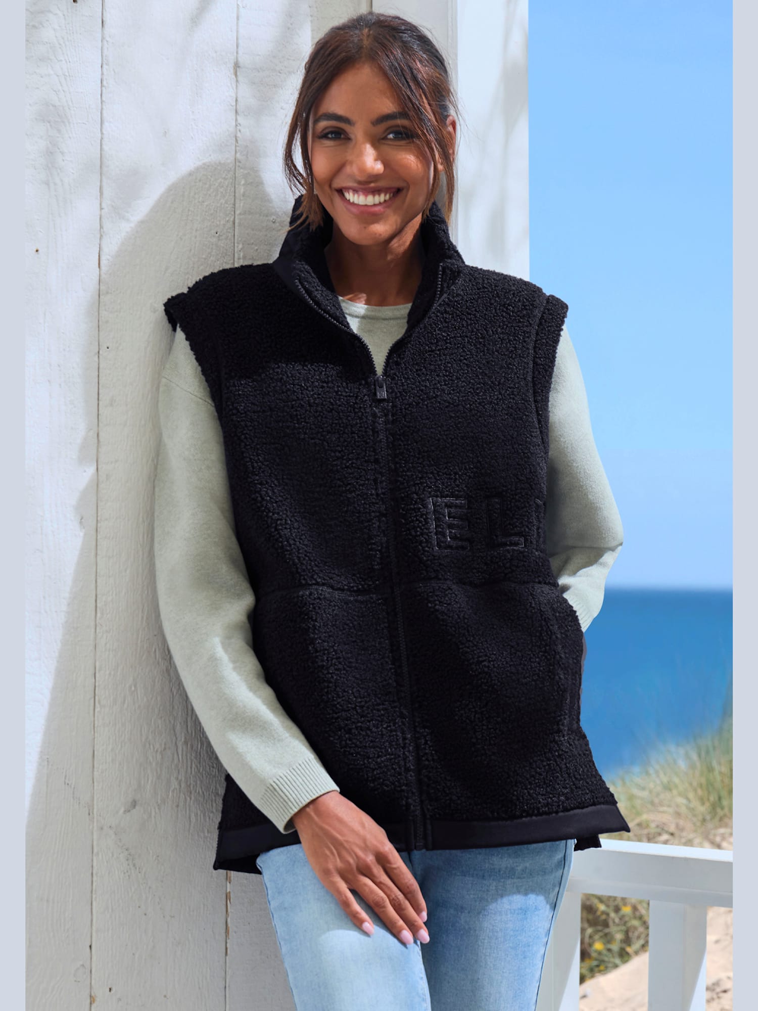 Gilet polaire à col haut, couleur noir, taille 38, marque Elbsand - helline