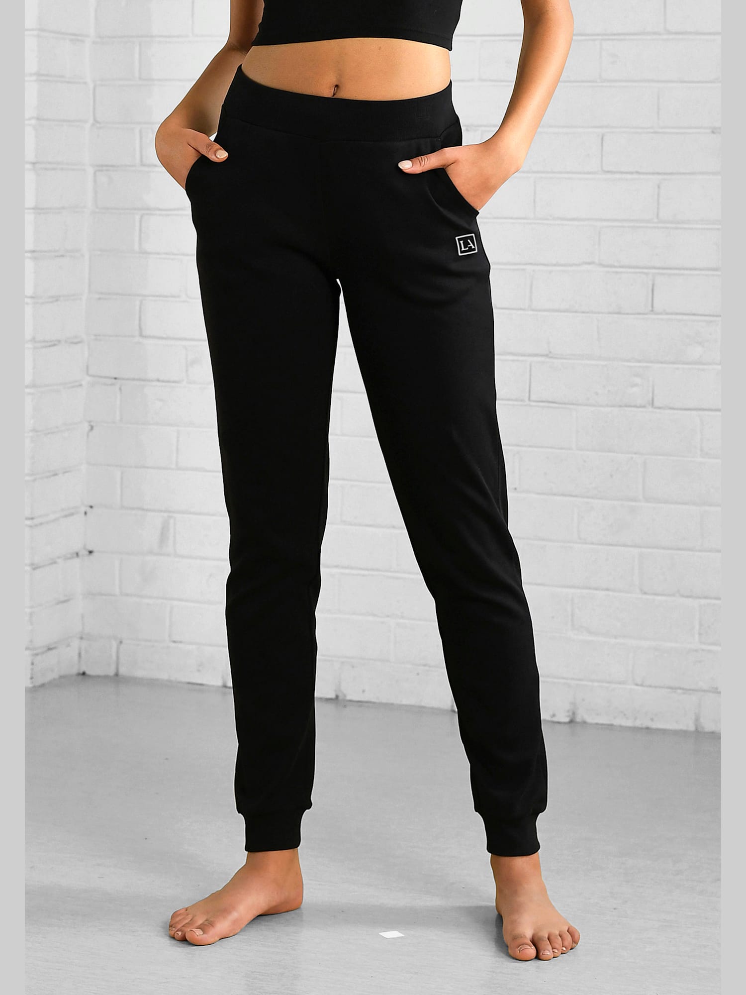 Pantalon de jogging athleleisure, logo imprimé, couleur noir, taille 46/48, marque LASCANA ACTIVE - helline