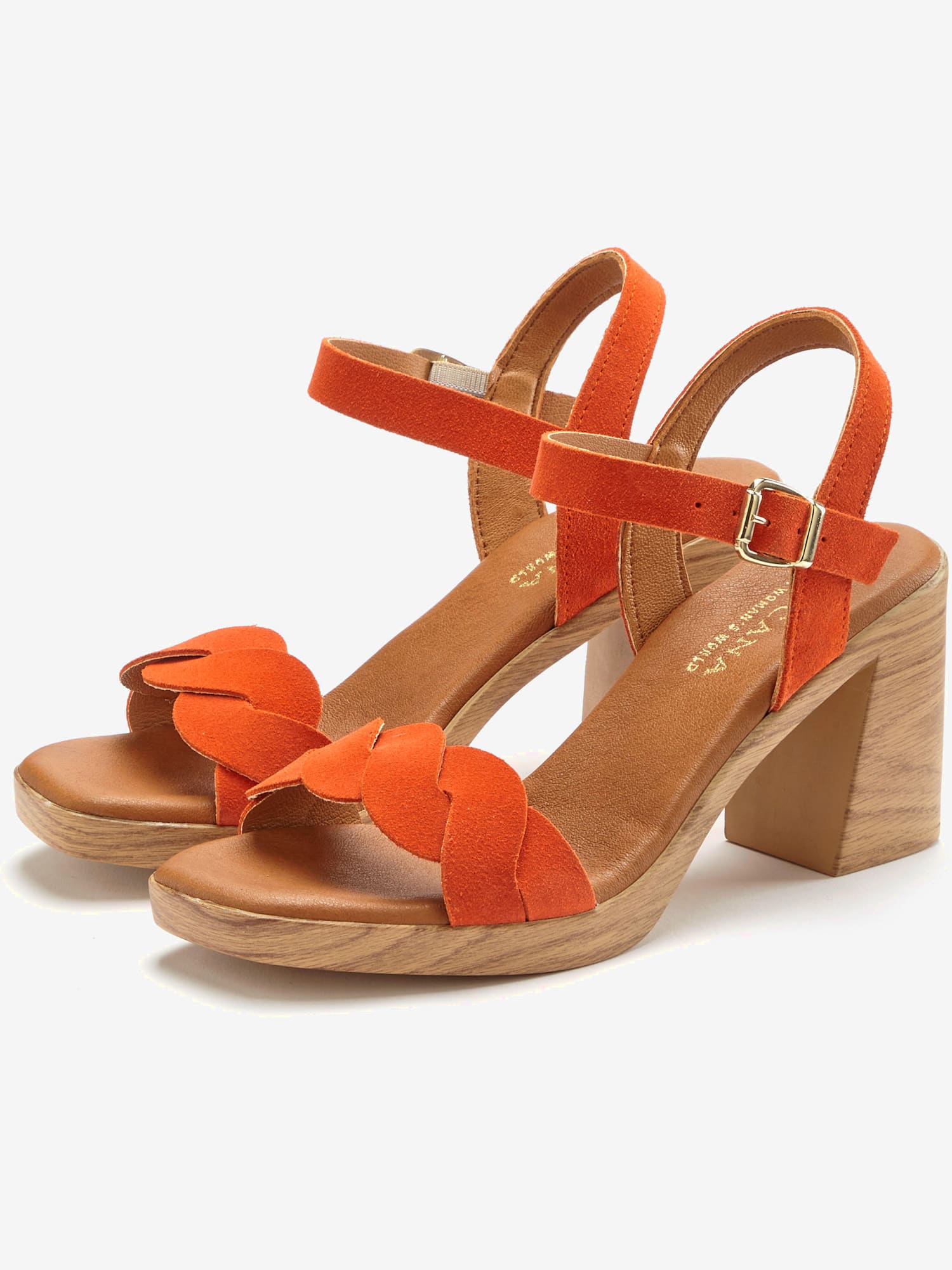 Sandales à brides talon bottier confortable, brides effet tressé et imitation daim élégante, couleur : orange moyen uni, taille 41, marque LASCANA,