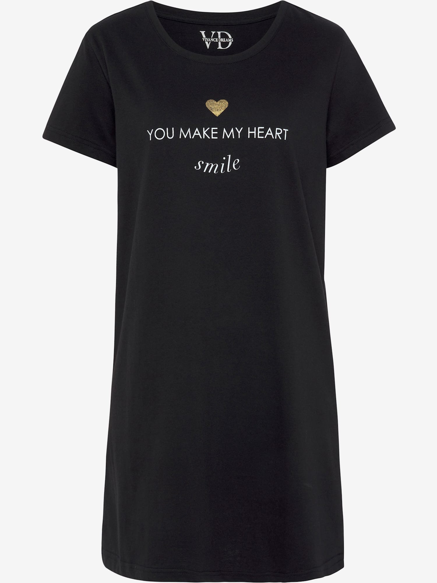 Chemise de nuit t-shirt de nuit avec imprimé devant, couleur noir, taille 38/40, marque Vivance Dreams - helline