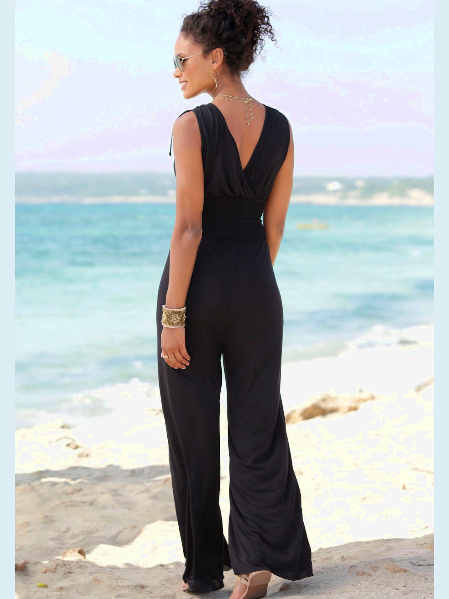 Combinaison col v effet cache-cœur devant et au dos, couleur noir, taille 44, marque LASCANA - helline