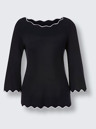 Pull en maille fine manches 3/4 évasées finitions contrastées arrondies