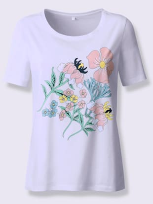 T-shirt en coton imprimé bouquet fleurs col rond manches courtes