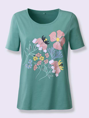 T-shirt en coton imprimé bouquet fleurs col rond manches courtes