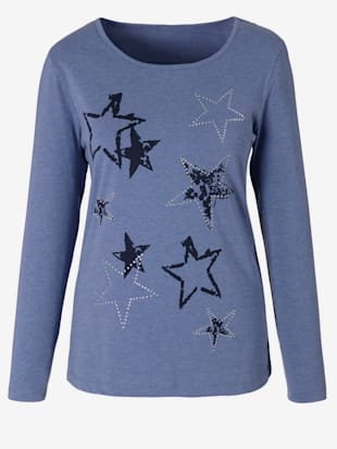 T-shirt femme mélange en coton imprimé étoiles col rond manches longues