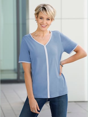 T-shirt à manches courtes passepoils contrastés affinants - bleu-blanc - 48 - Moda Vilona