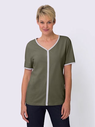 T-shirt à manches courtes passepoils contrastés affinants - kaki-blanc - 50 - Moda Vilona