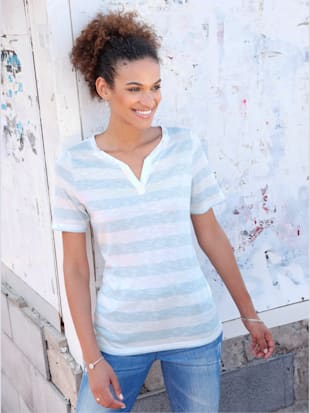 T-shirt femme à col rond avec petit v motif rayé