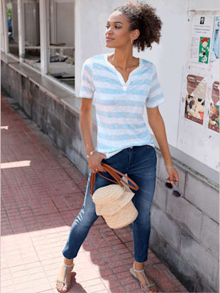 T-shirt femme à col rond avec petit v motif rayé