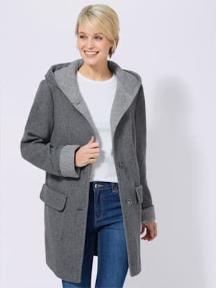 Manteau imitation laine poches plaquées à rabat avec capuche, couleur gris foncé chiné - HELLINE