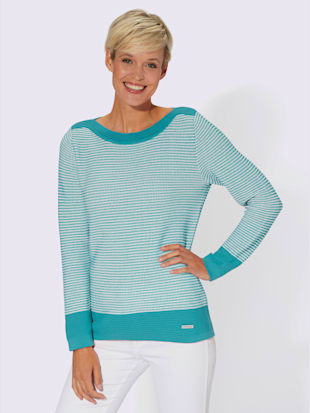 Pull à manches longues encolure en u féminine - turquoise-blanc à motifs - 54 - Witt