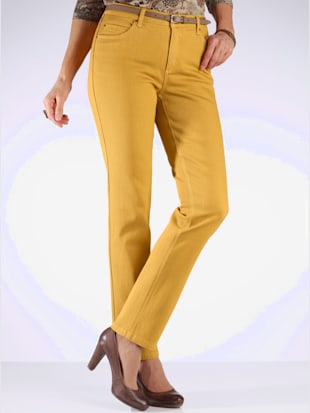 Jean femme 5 poches coupe droite taille haute, coleur jaune curry - HELLINE