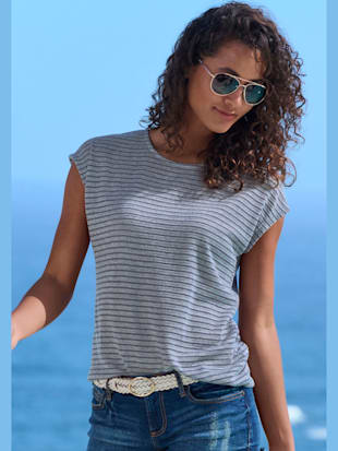 T-shirt à manches courtes tricot jacquard léger à rayures (Image 1)