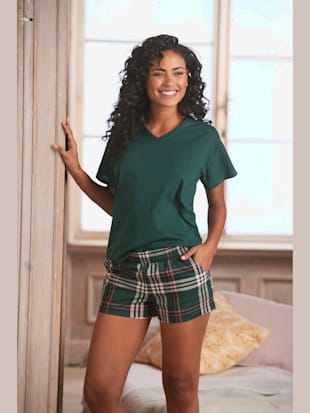 Pyjama court avec t-shirt uni et short imprimé, couleur vert foncé à carreaux - HELLINE