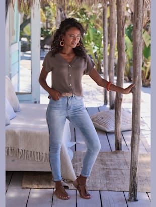 T-shirt à manches courtes patte de boutonnage fantaisie tendance et boutons imitation corne