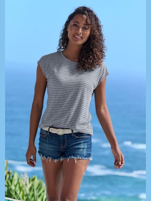 T-shirt à manches courtes tricot jacquard léger à rayures (Image 4)