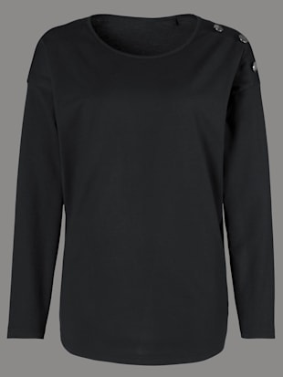 T-shirt en coton col rond manches longues boutons décoratifs , noir, taille 42 - MODA VILONA - Mode Femme et Homme