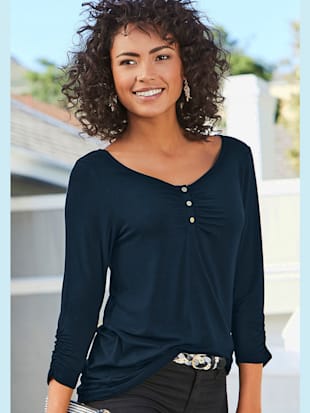 T-shirt à manches 3/4 encolure avec patte de boutonnage, légères fronces et boutons couleur or