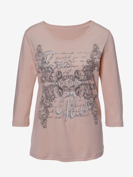 T-shirt femme en coton imprimé motif inscription col rond manches 3/4