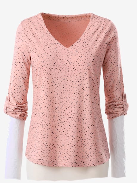 T-shirt motif étoiles col en v manches longues retroussables